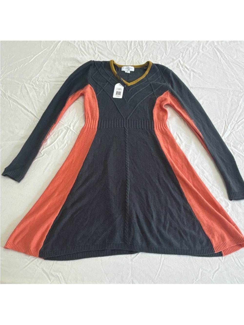 Jessica Simpson Charcoal Gray and Coral Colorblock Knit Dress with‎ Mustard Trim